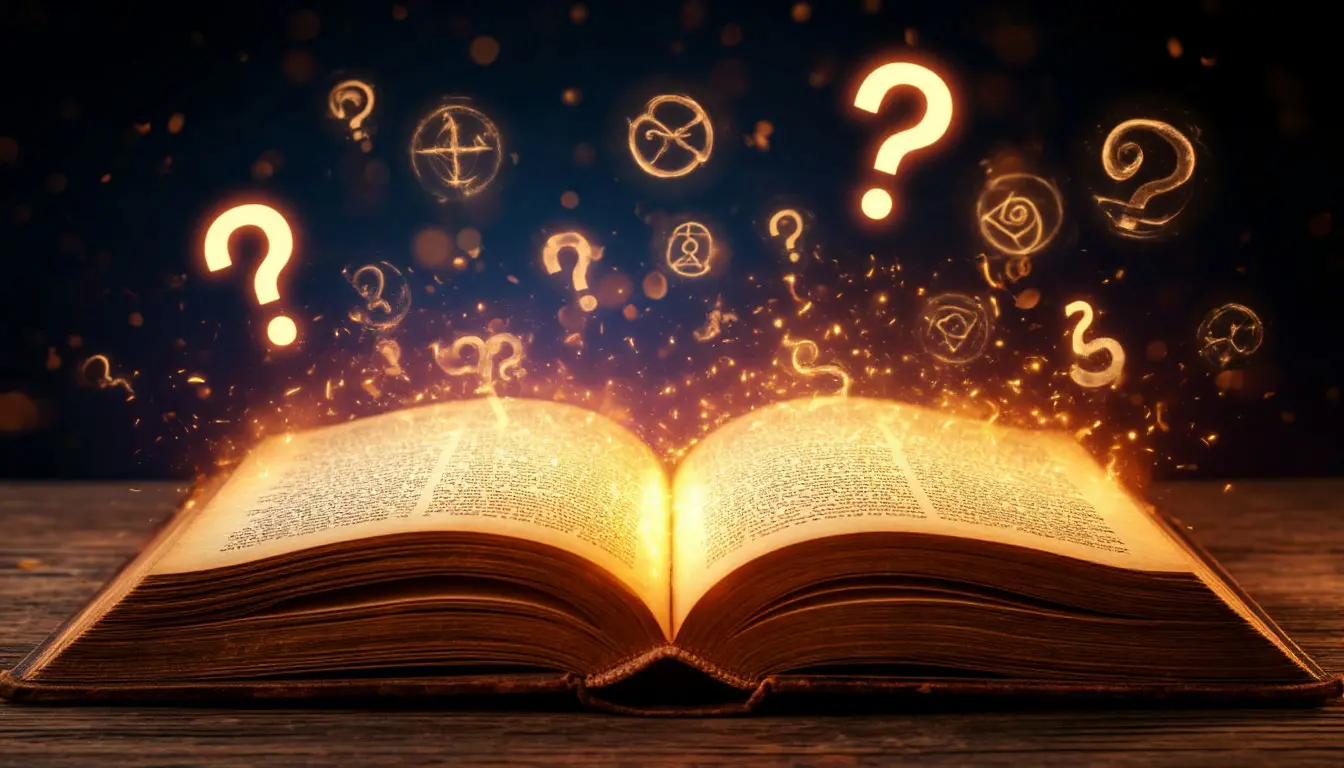 Livre ouvert avec points d’interrogation